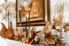 47 traditional fall mantel decor with fall leaves, pumpkins, a fall scenery and a cloche with wheat