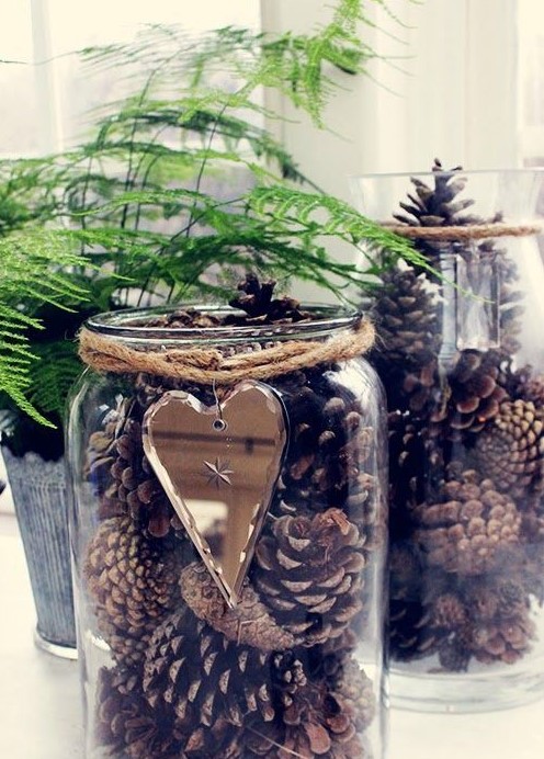 glasses with pinecones, twine and a mirror heart are great for decorating for the fall