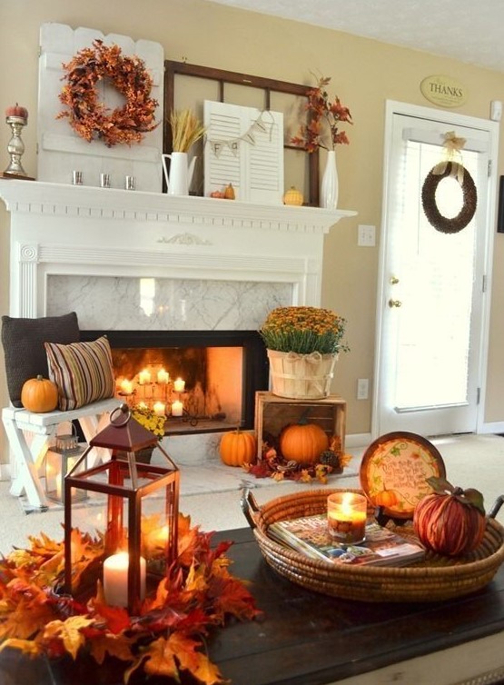a living room decor with fall leaf arrangements