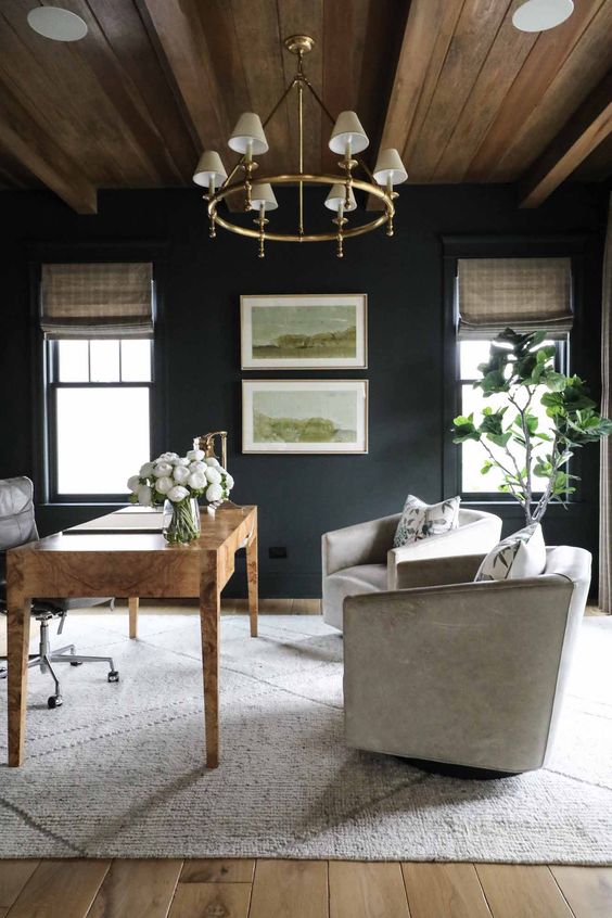 a chic home office with a black wall