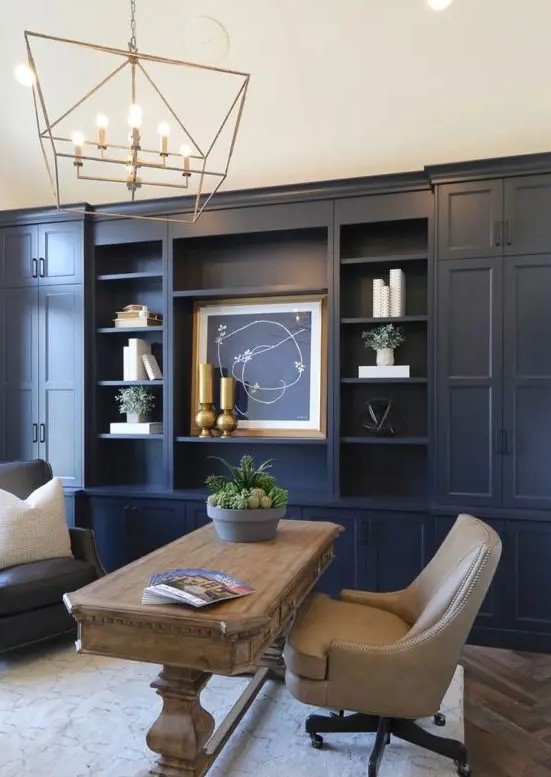 a farmhouse home office with navy walls - one of them taken by a storage unit, neutral furniture and gold touches for more elegance