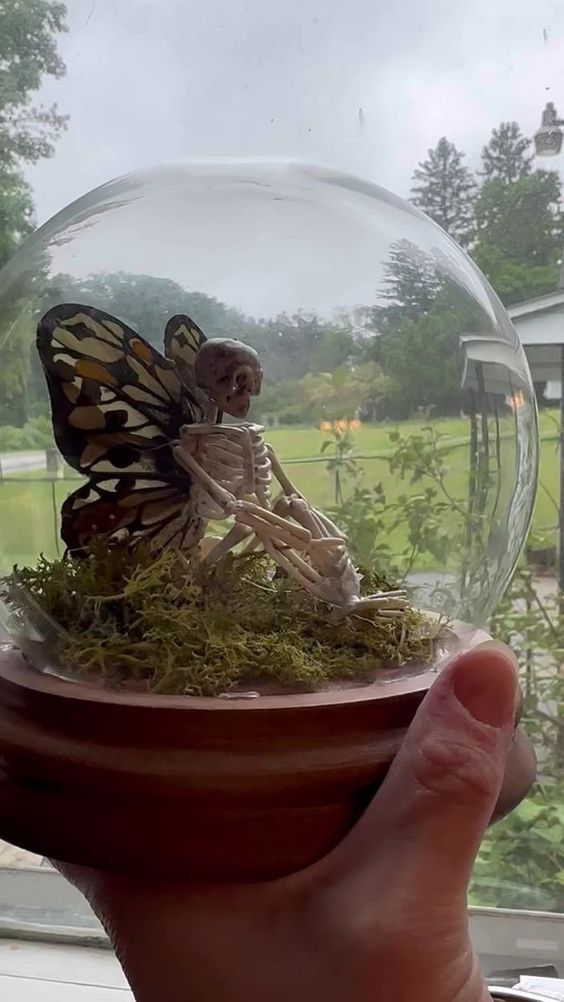 a simple Halloween cloche with moss, a skeleton butterfly is easy to make and it looks pretty and cool