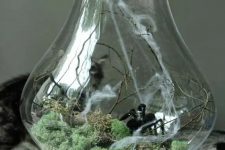 a simple Halloween terrarium with moss, twigs and psiders is a cool and easy to realize solution