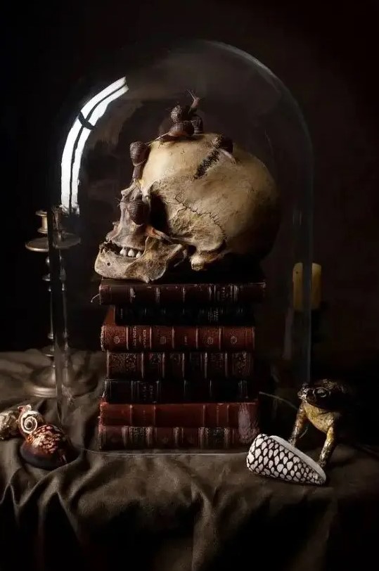 vintage Halloween decor of a stack of vintage books, a skull covered with snails, a cloche is a stunning moody solution