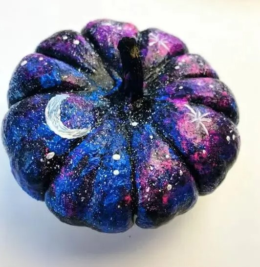  small black, blue and hot pink pumpkin with white spot stars, large stars and moons for Halloween decor