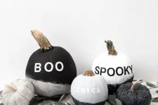 11 make a display of cool black and white glitter pumpkins with vinyl letters – they are very easy to DIY