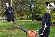 a hilarious skeleton scene for cleaning up the space is a cool and creative idea for Halloween
