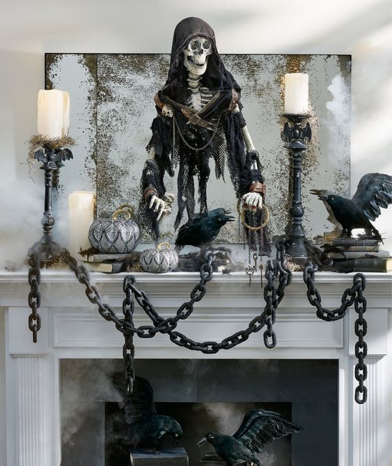 a large antique mirror with a skeleton wearing a capelet is a super creative and bold idea for styling your space for Halloween
