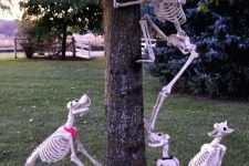 a skeleton saving itself from skeleton dogs is a cool idea to style your outdoor space for Halloween