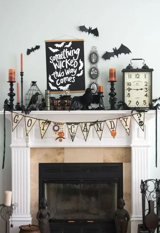 a vintage halloween mantel decor idea