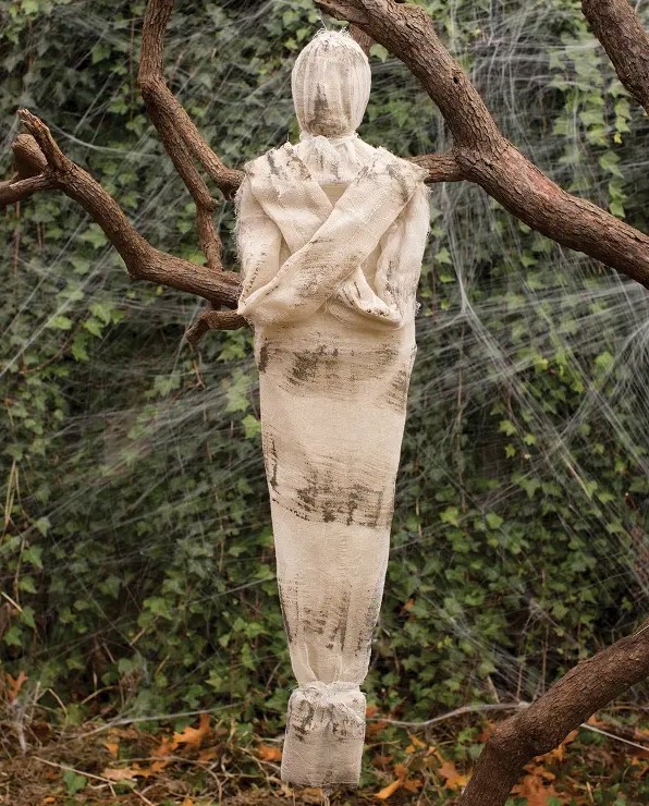 an outdoor Halloween mummy decoration is an easy and scary idea, attach on to a tree in your garden