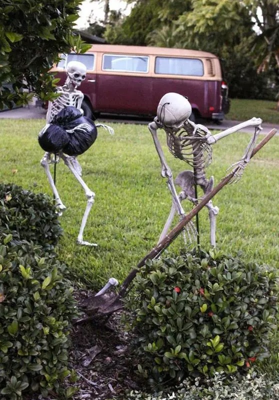 skeletons hiding bodies in the yard is a humorous and cool idea for a scene