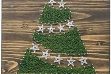 a Christmas string art piece showing a tree, with stars, a star topper and a base of the tree is wow