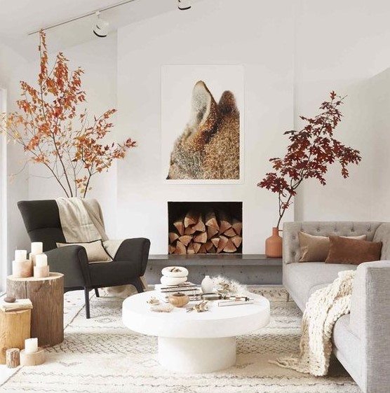 a minimalist living room decorated for fall