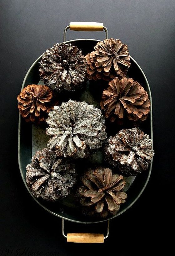 a modern tin tray with handles and glittered and usual pinecones will be a nice decoration for your kitchen