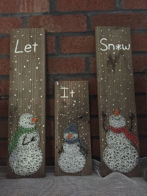 a three piece Christmas string art with snowmen, snow and letters is a cool decor idea for the holidays