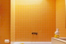 38 a bright bathroom done in sunny yellow, with touches of white and a skylight to create a mood
