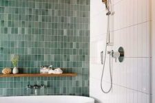 43 a bold contemproary bathroom with skinny white and mismatching green skinny tiles plus a grey mosaic tile floor