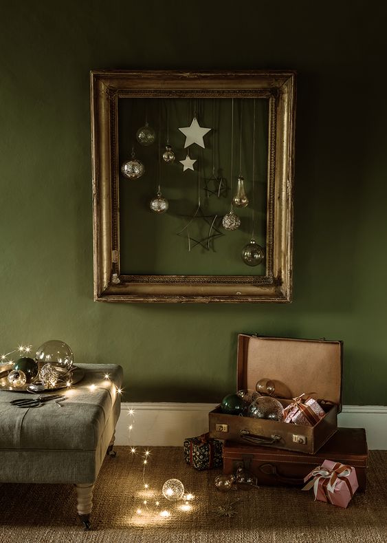 a vintage picture frame with ornaments hanging is a beautiful decor idea for the holidays