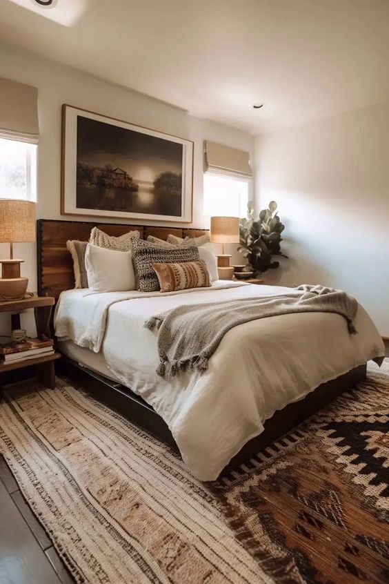 an earthy boho bedroom with a bed and printed bedding, a large printed rug, nightstands, table lamps and a large artwork