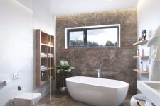 16 a refined bathroom with white walls and a statement brown marble wall and floor, modern wooden furniture and white appliances