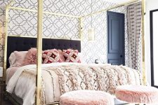 34 a super glam and shiny gold canopy bed will add a sparkly and chic touch to the bedroom, and brass stools continue the decor theme