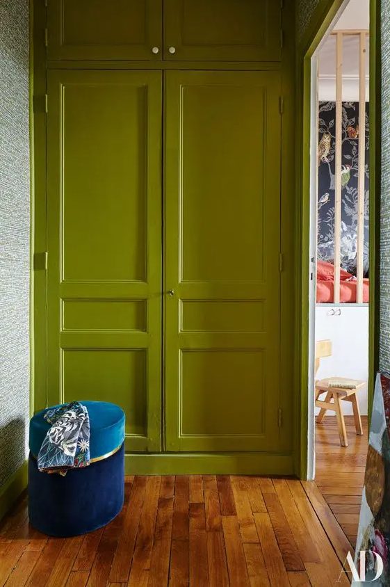 chartreuse doors will add interest and eye-catchiness to the space and will make it brighter and cooler