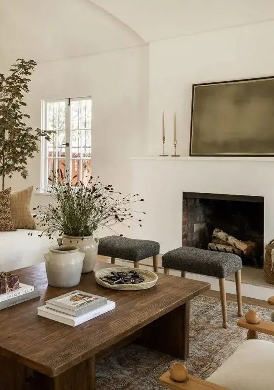 a cozy earthy living room with a fireplace, a stained coffee table, neutral seating furniture and potted plants