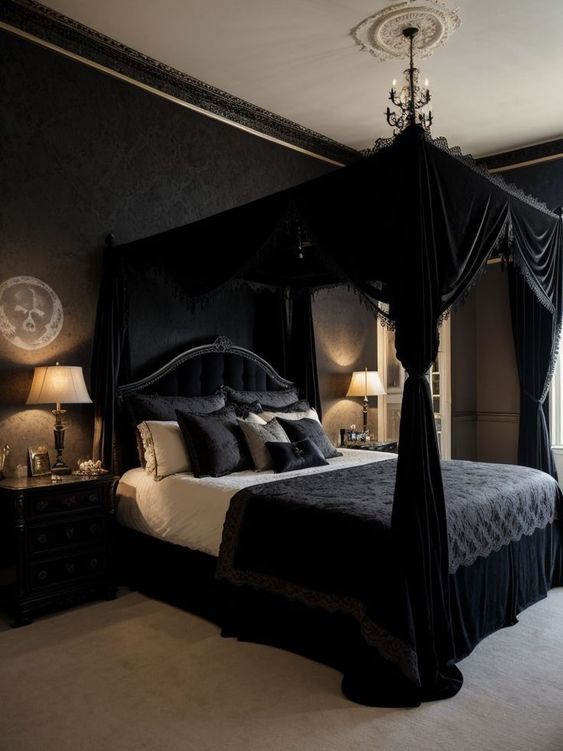 a modern Goth bedroom with black walls, a black canopy bed with real drapes, black and white bedding and black nightstands