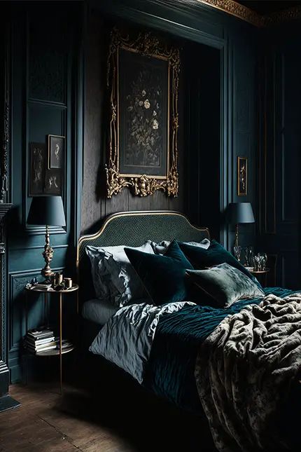 a Gothic bedroom with teal walls, a dark green bed with teal bedding, vintage art and teal table lamps