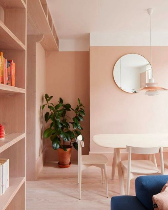 a Peach Fuzz space with neutral furniture and storage units as space dividers plus a statement plant
