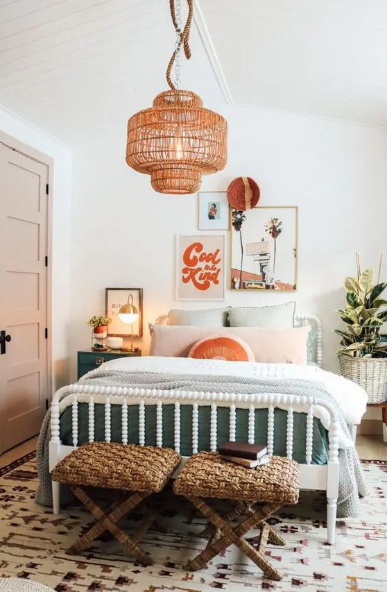 a bright and fun mid-century modern teen bedroom with a white bed and pastel bedding, woven stools, a woven pendant lamp and artwork