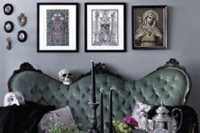 a gothic living space with a gallery wall