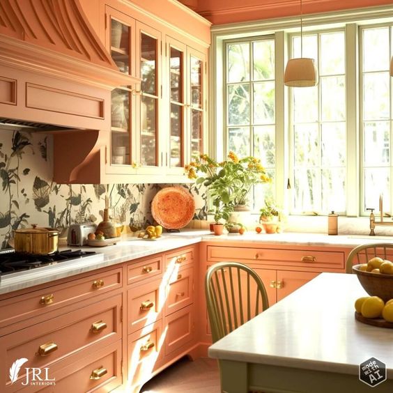 a cozy and beautiful Peach Fuzz kitchen with shaker cabinets, a floral backsplash, white countertops and pendant lamps