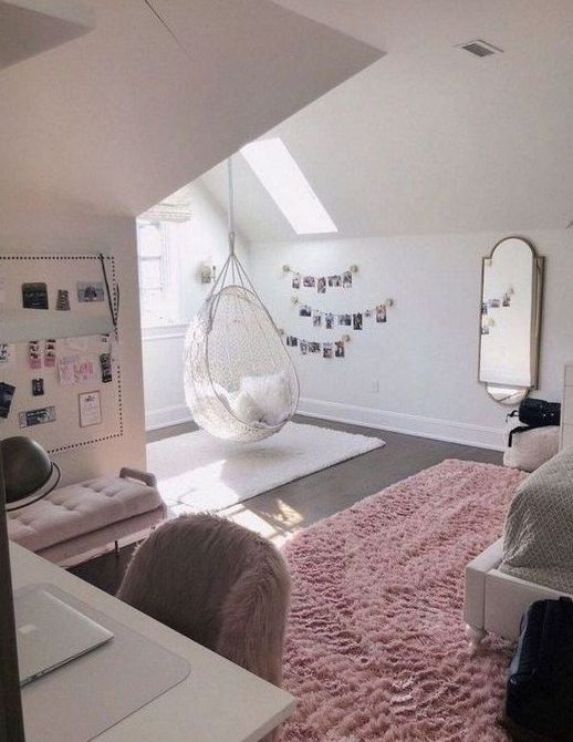 a delicate teen girl bedroom with skylights, blush and pink touches, photos, faux fur and grey touches