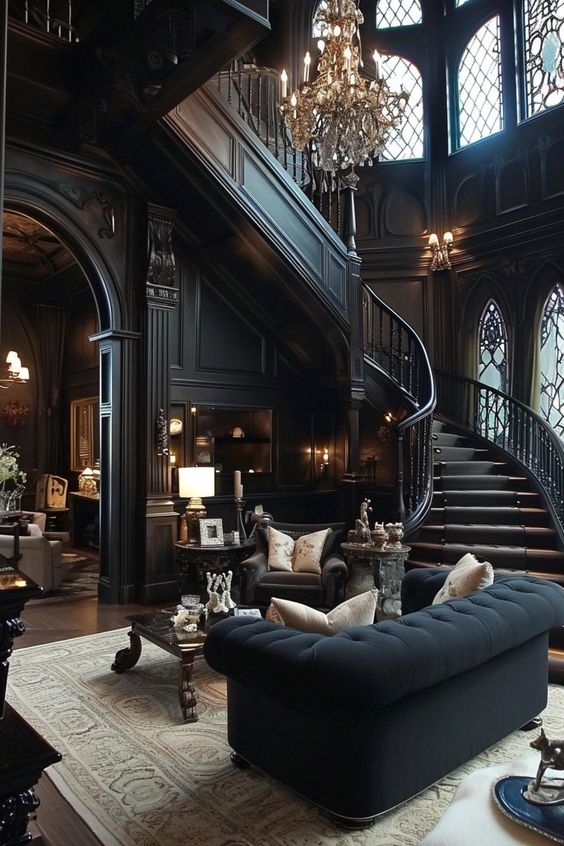 a fantastic black Goth space with black walls, a staircase, dark seating furniture, white pillows and a crystal chandelier