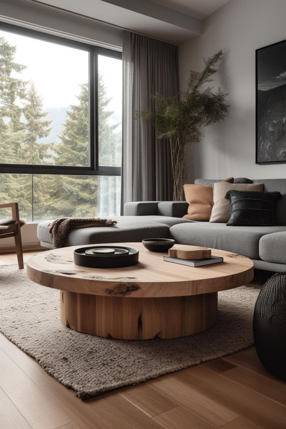 a grey Japandi living room with a grey sectional, a round wood coffee table, some pillows and a statement plant