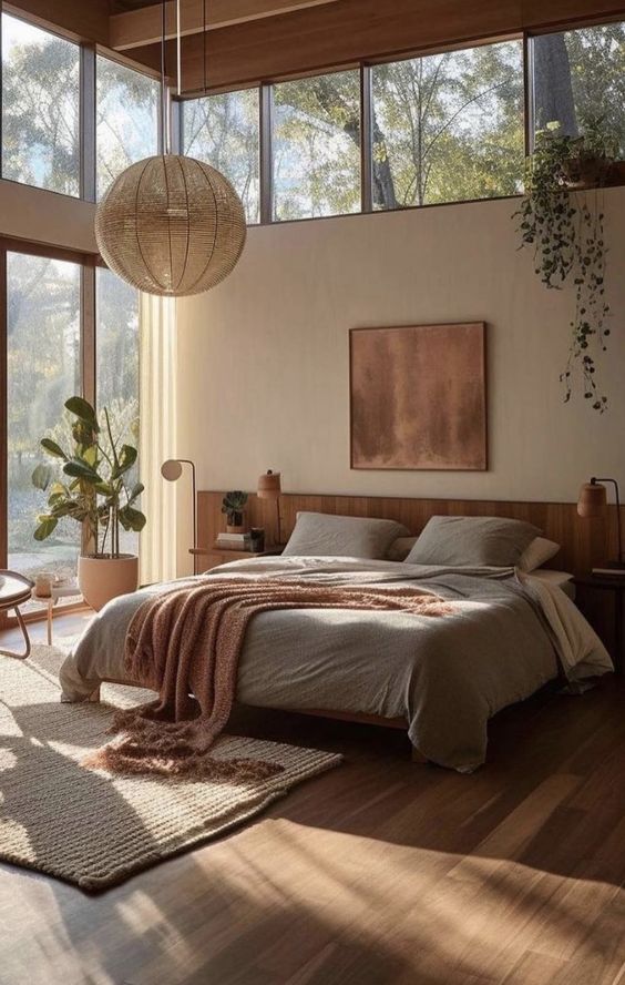 a light-filled earthy bedroom with windows and a glazed wall, a bed with neutral bedding, nightstands with lamps and greenery