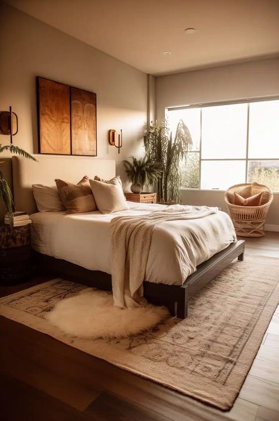 a lovely bedroom in earthy tones, with a dark-stained bed and neutral bedding, a rattan chair, some nightstands and potted plants