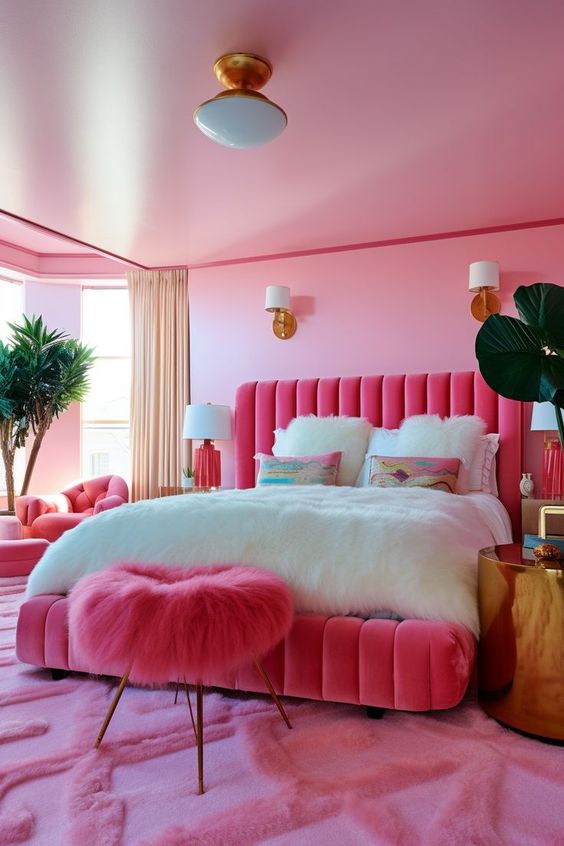 a modern extra bright teen girl room done in pink, with a pink upholstered bed, a pink stool, neutral and pink textiles and potted plants