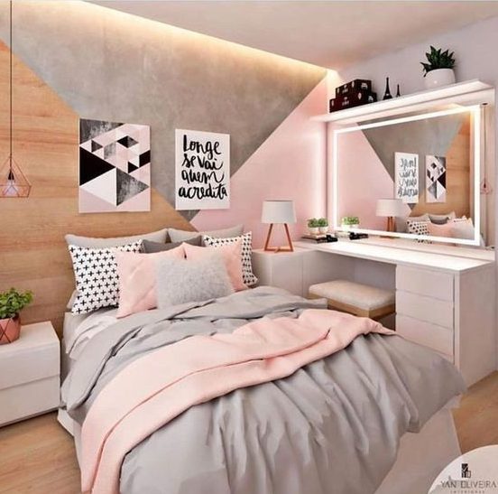 a modern teen girl bedroom with grey and pink decor, wih graphic artworks, neon lights and built-ins