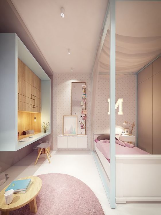 a lovely girl's room with polka dot walls