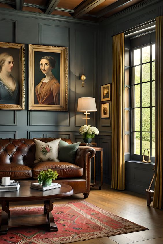 a sophisticated living room with grey paneled walls, a brown sofa, a dark-stained table and bold artwork