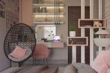 a stylish grey and pink teen girl bedroom with studying and sleeping zones separated with a pendant chair and built-in lights