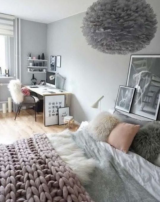 a sweet teen girl bedroom in grey, black, white and blush, with a studying and sleeping zone and a fluffy lamp