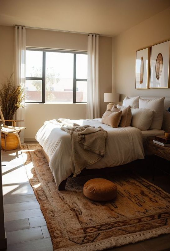 an earthy bedroom with tan walls and a ceiling, a bed with neutral bedding, a printed rug and a chair plus some artwork