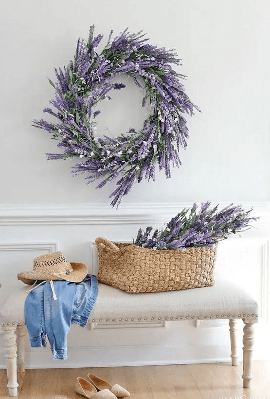 a beautiful lavender and greenery wreath will work for both a spring and a summer space and is a timeless idea