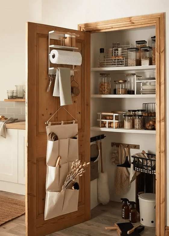 a cozy small pantry with open shelves, some baskets, food containers and storage, some things attached to the door