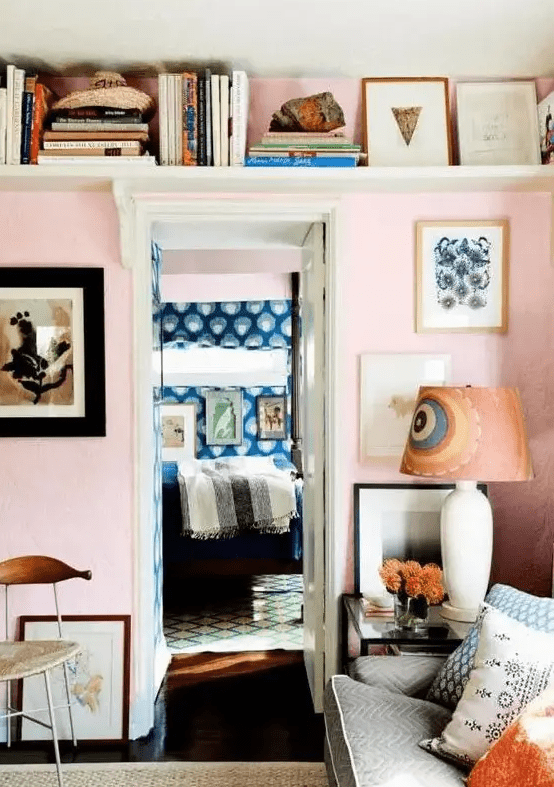 a long shelf over the doorway is a cool idea to store some things and display them and to avoid cluttering the room at the same time