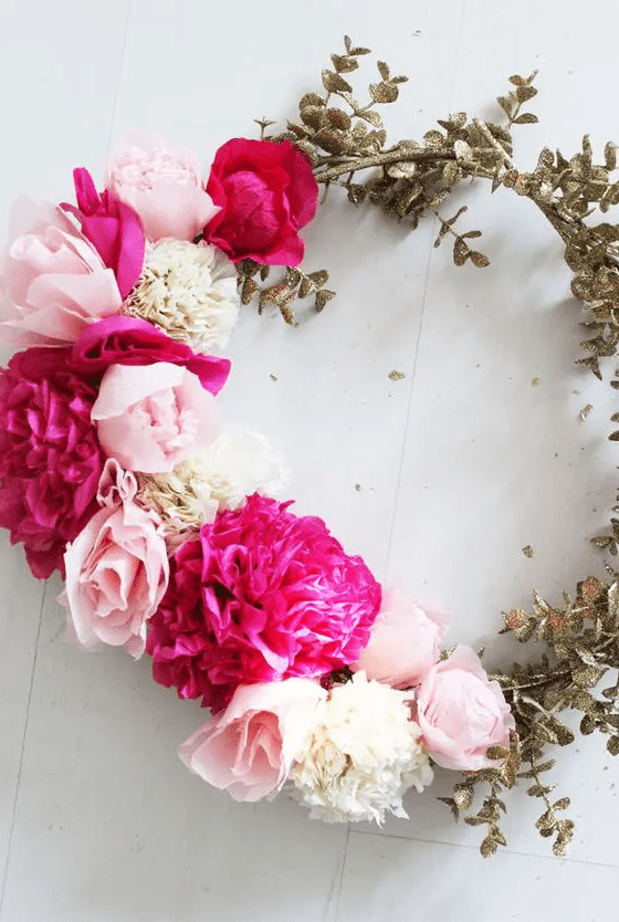 a pretty gold leaf, pink, blush and white bloom wreath is a very cool and glam idea for your front door